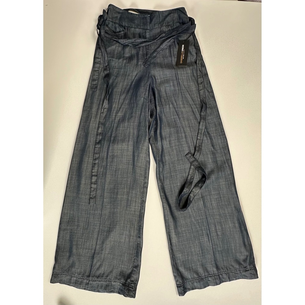 Gabrielle Union x NY&C Blue Lyocell Wide Leg Belted Trousers Size 6 Average NEW